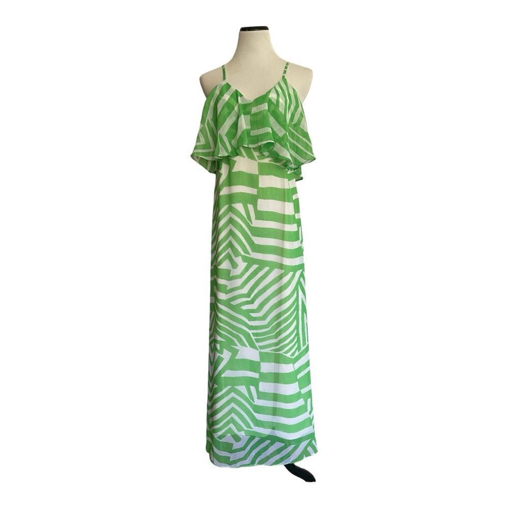 Madison Green White Print Maxi Dress Size M Adjustable Straps Sleeveless Lined
